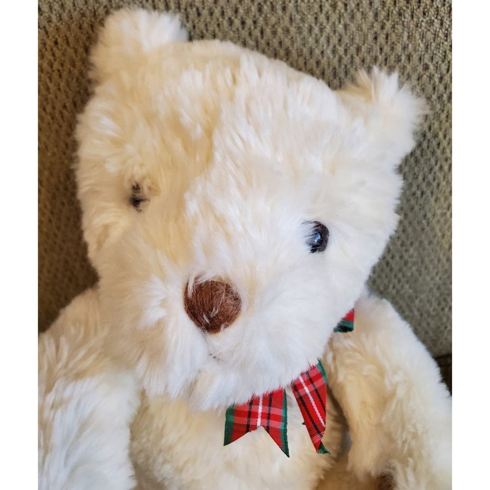 Chosun International Inc. White Bear Plush Toy with Red Plaid Bow Rare HTF